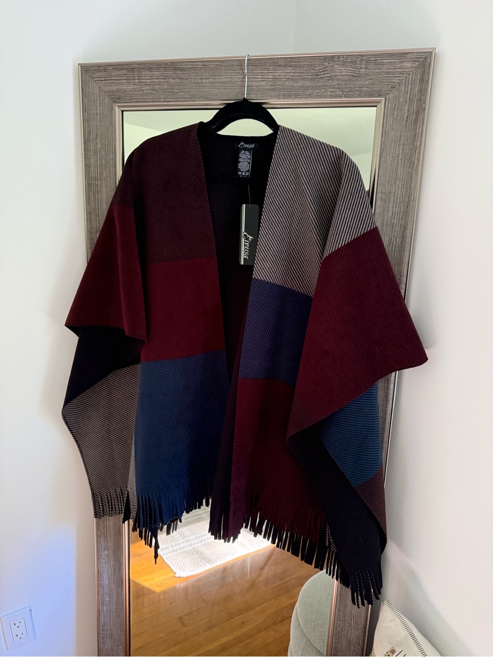 Colorblock Fringe Shawl Cape in Burgundy, Navy & Taupe ONE SIZE NWT